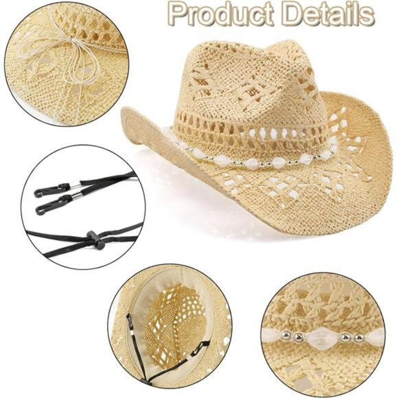 Straw Cowboy Hat for Women Men Western Wide Brim Shapeable Sun Hat Summer - Picture 3 of 7